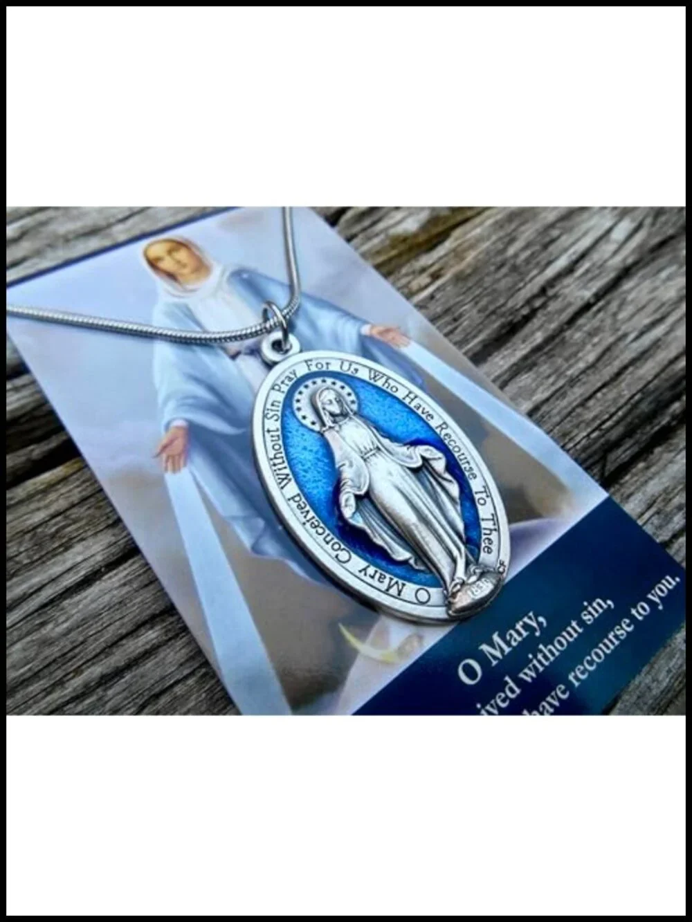 Blue Enamel Miraculous Medal Pendant Necklace, Stainless Steel Chain